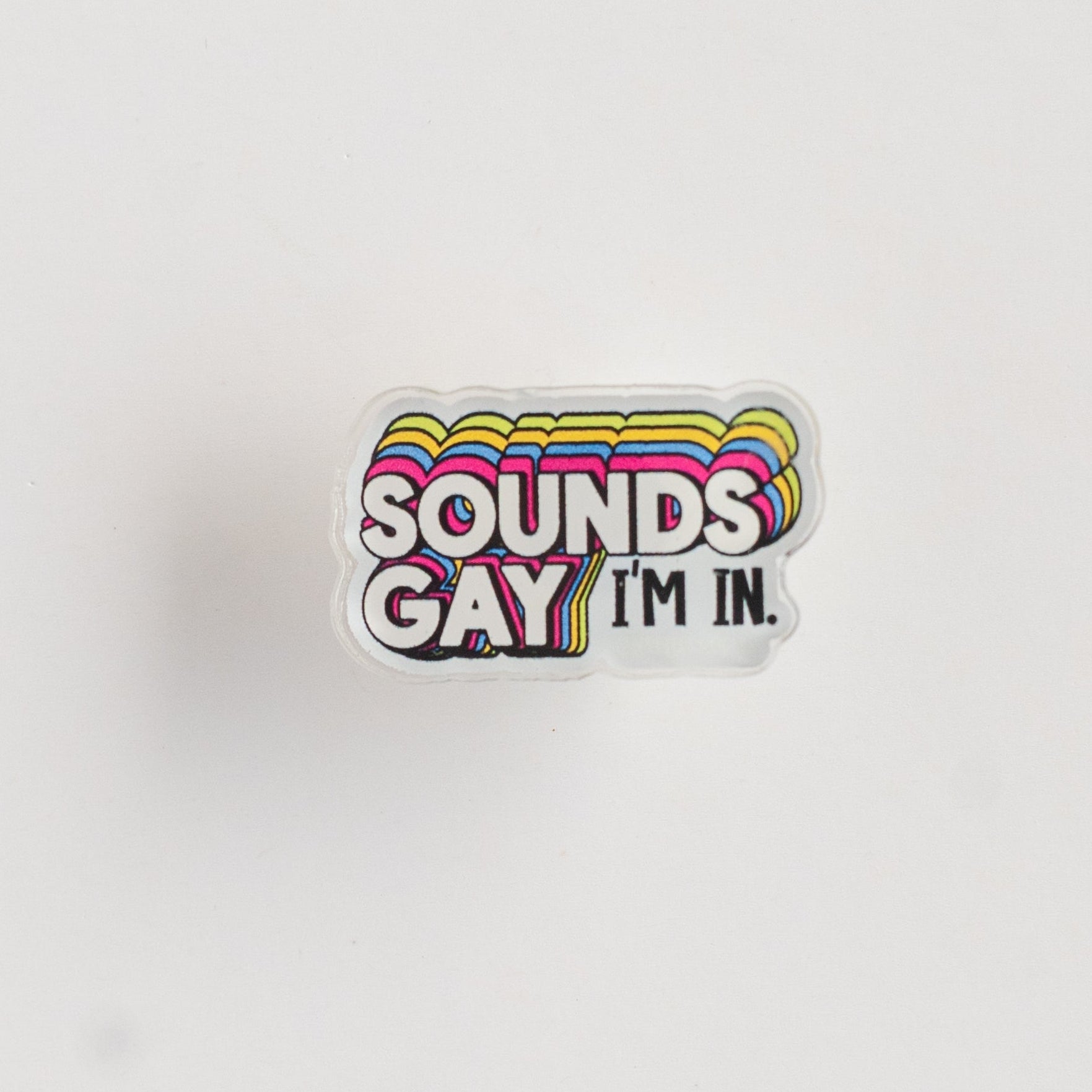 Enamel pin with 'SOUNDS GAY I'M IR' text on a white background