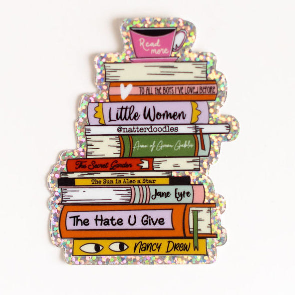 Girls Growing Up Book Stack Sticker – Glitter Vinyl Book Lover Decal for YA Readers