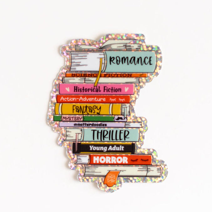 Book Genres Stack Glitter Vinyl Sticker for Bibliophiles, Librarians, Readers and Book Lovers