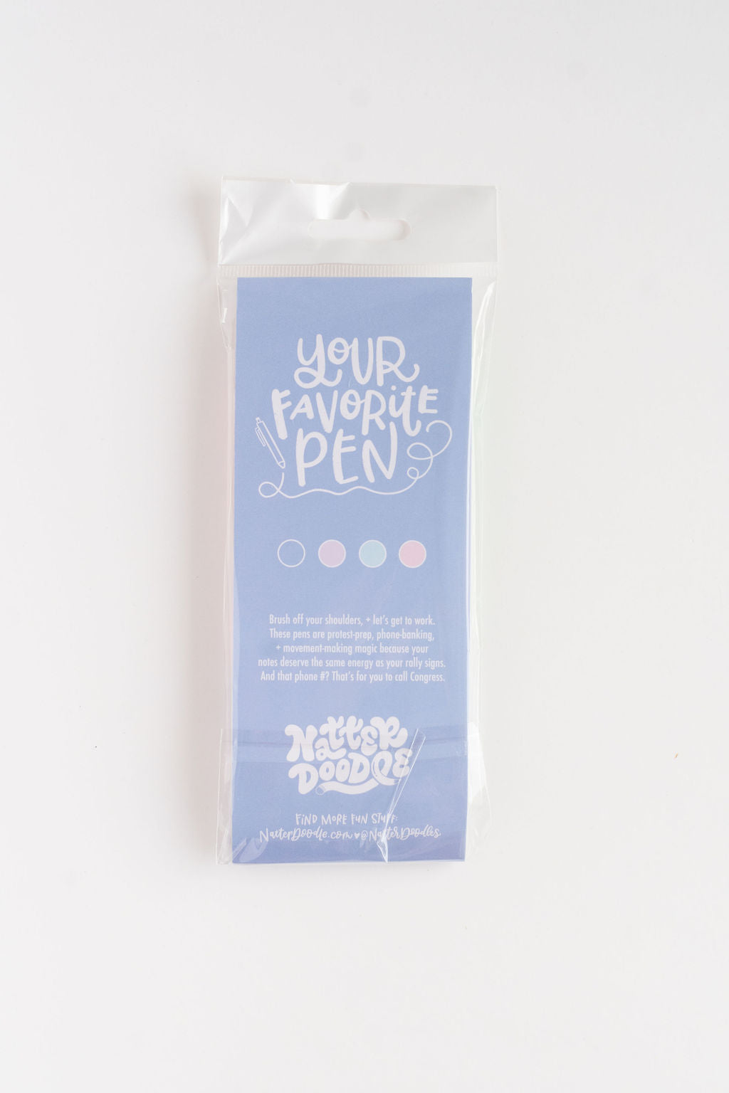 Packaging of 'Your Favorite Pen' with color swatches on a white background