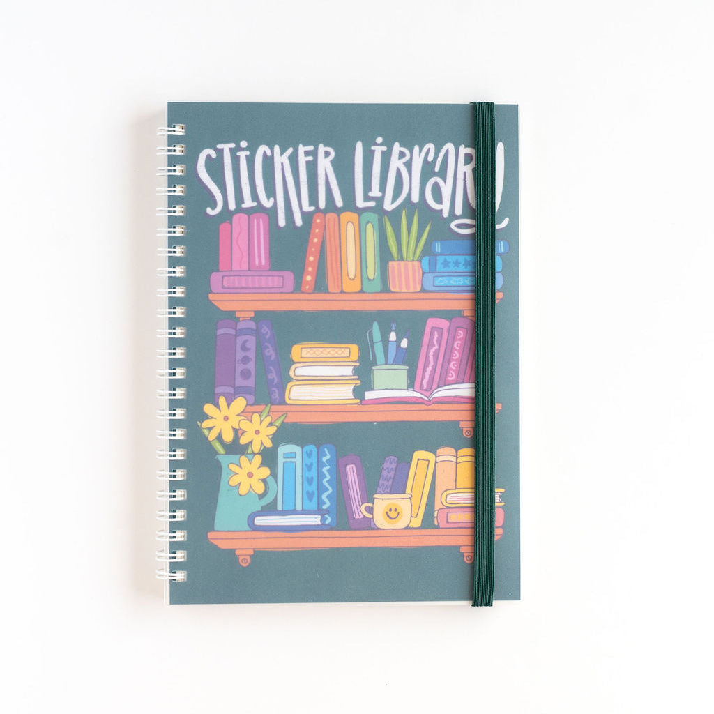 Sticker book with colorful illustration of a bookshelf on a white background