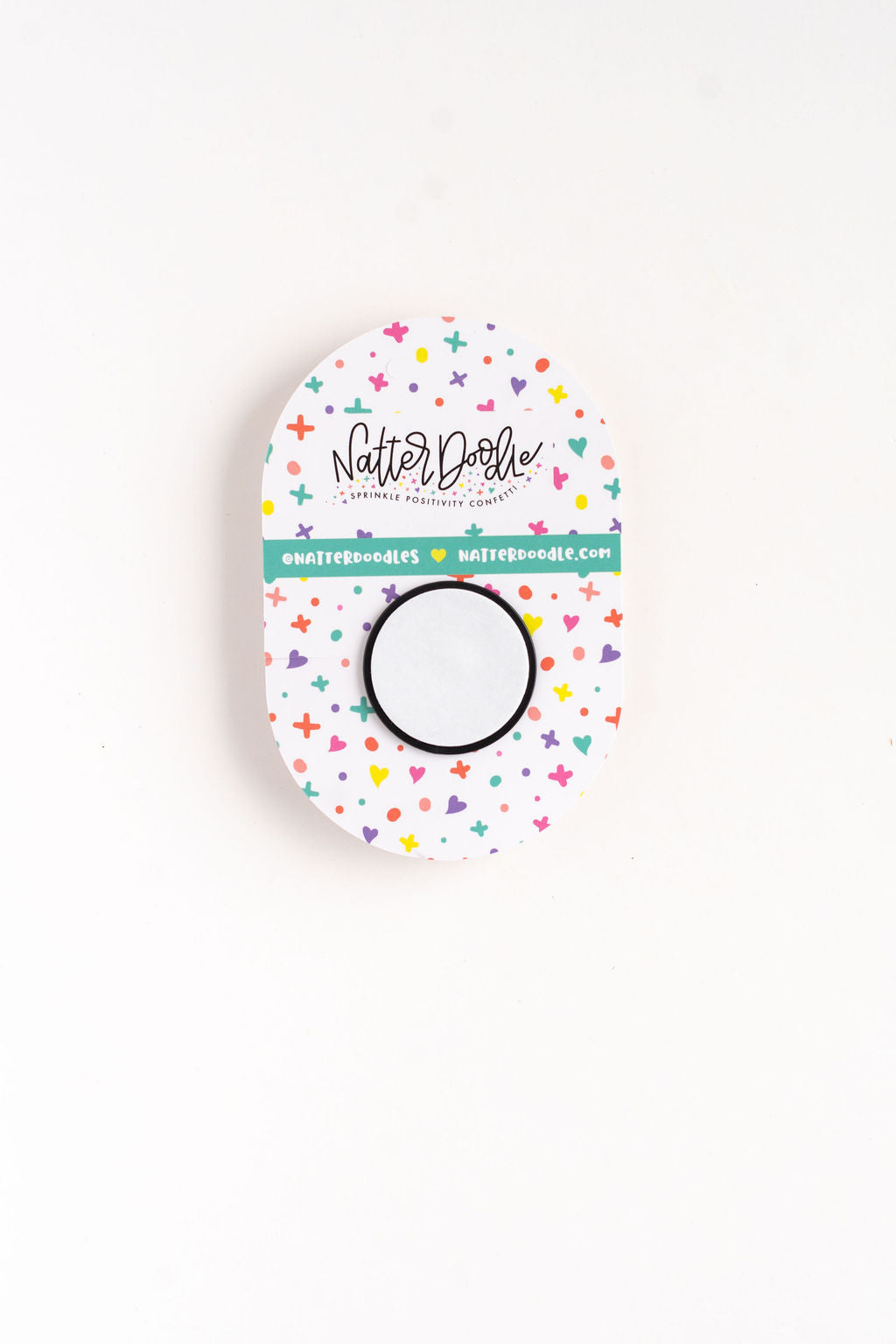 Circular design with colorful patterns and 'Nutter Doodle' branding on a white background